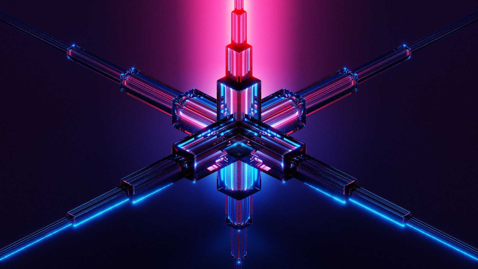 A crystalline network junction radiating red and blue neon lines from a central node, evoking a single decision propagating through an interconnected system
