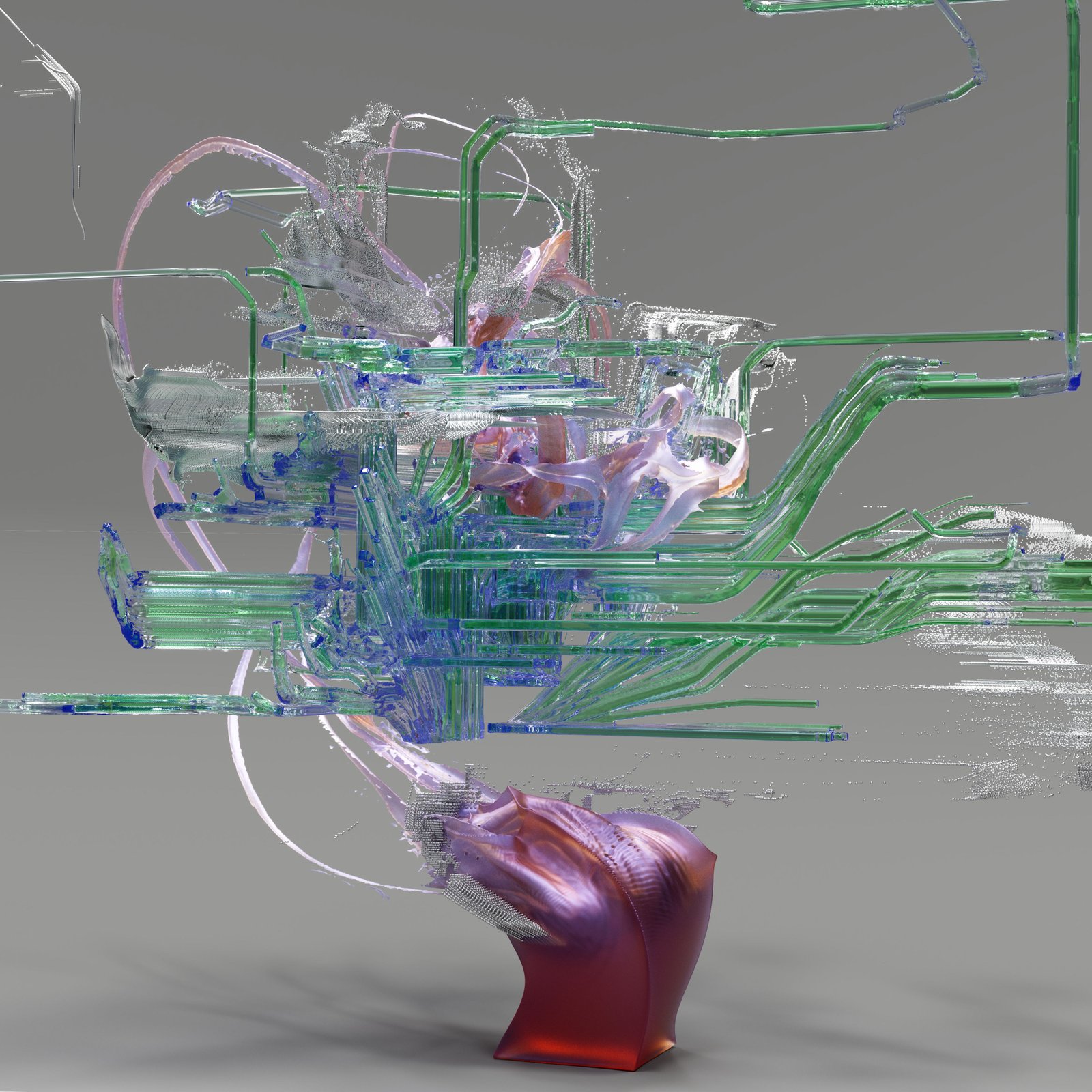 A 3D-rendered abstract sculpture of a figure with an explosion of interconnected pipe-like structures and translucent forms bursting from it, evoking hidden complexity within a system